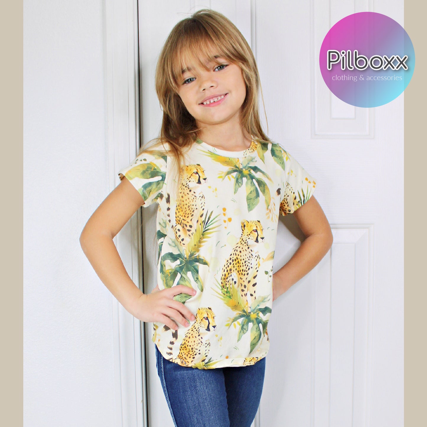 Cheetah Cat Shirt for Girls, Green Leaf, TAT 2 weeks