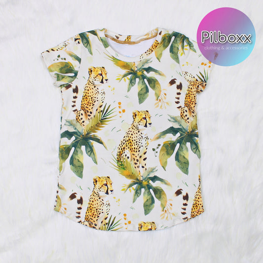 Cheetah Cat Shirt for Girls, Green Leaf, TAT 2 weeks