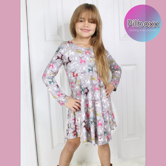 Gray Reindeer Christmas Dress for Girls, Ready to Ship