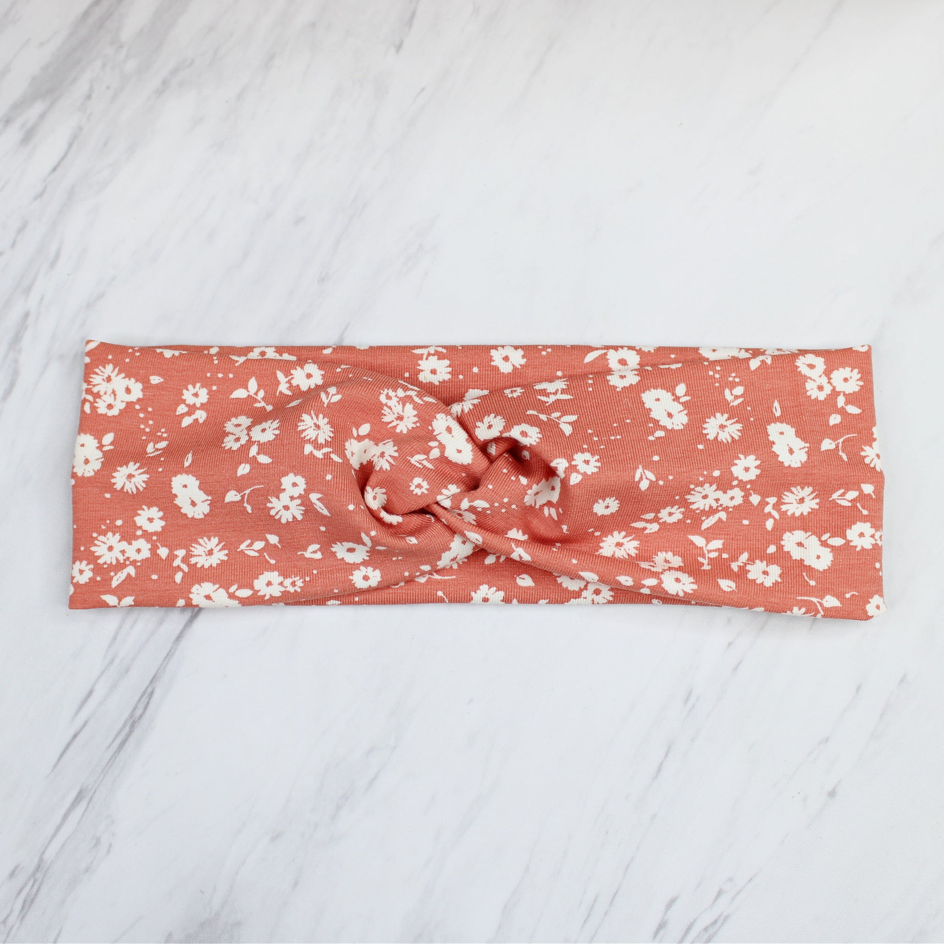 Small Muted Coral Flower Print Headband for Women, Cotton Spandex