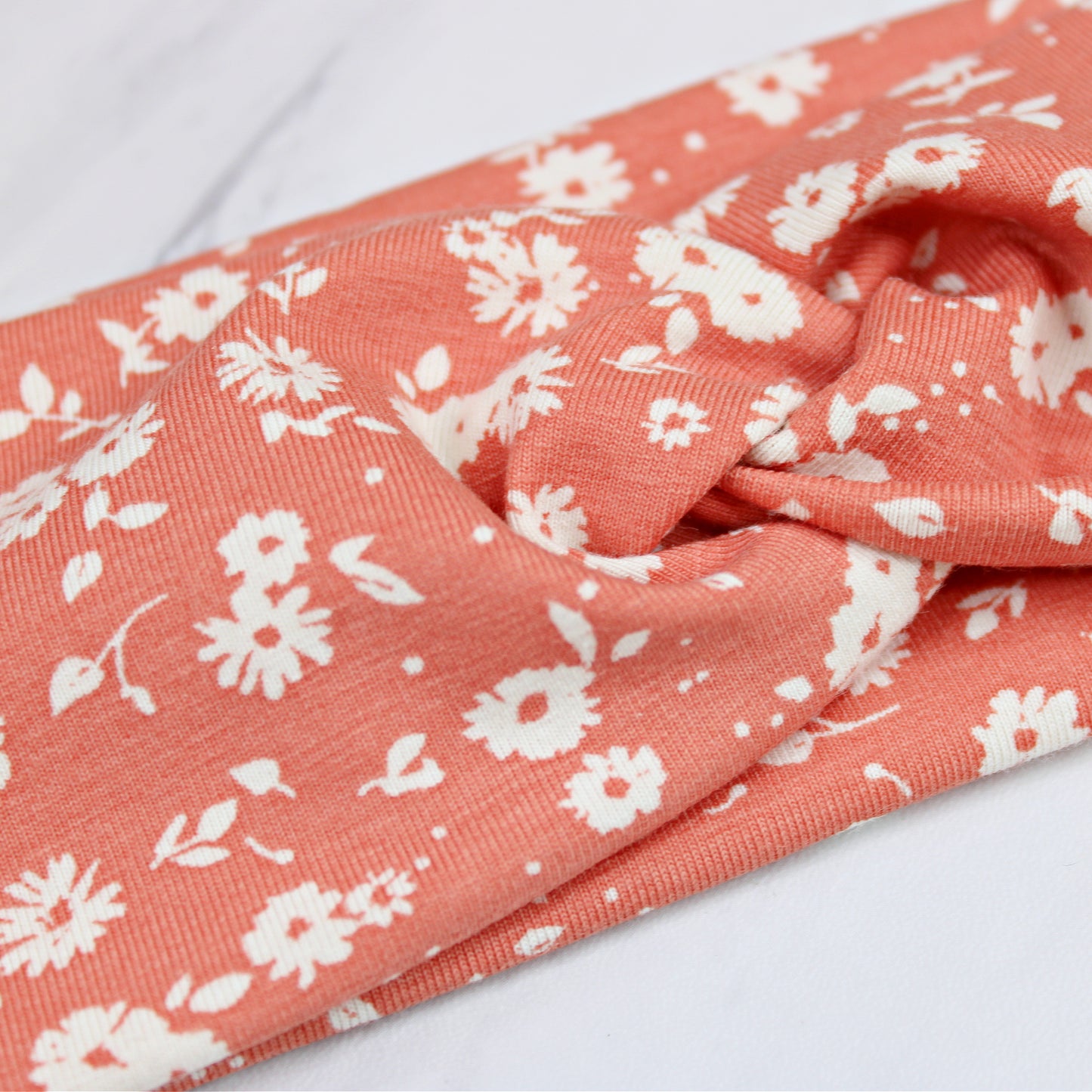 Small Muted Coral Flower Print Headband for Women, Cotton Spandex