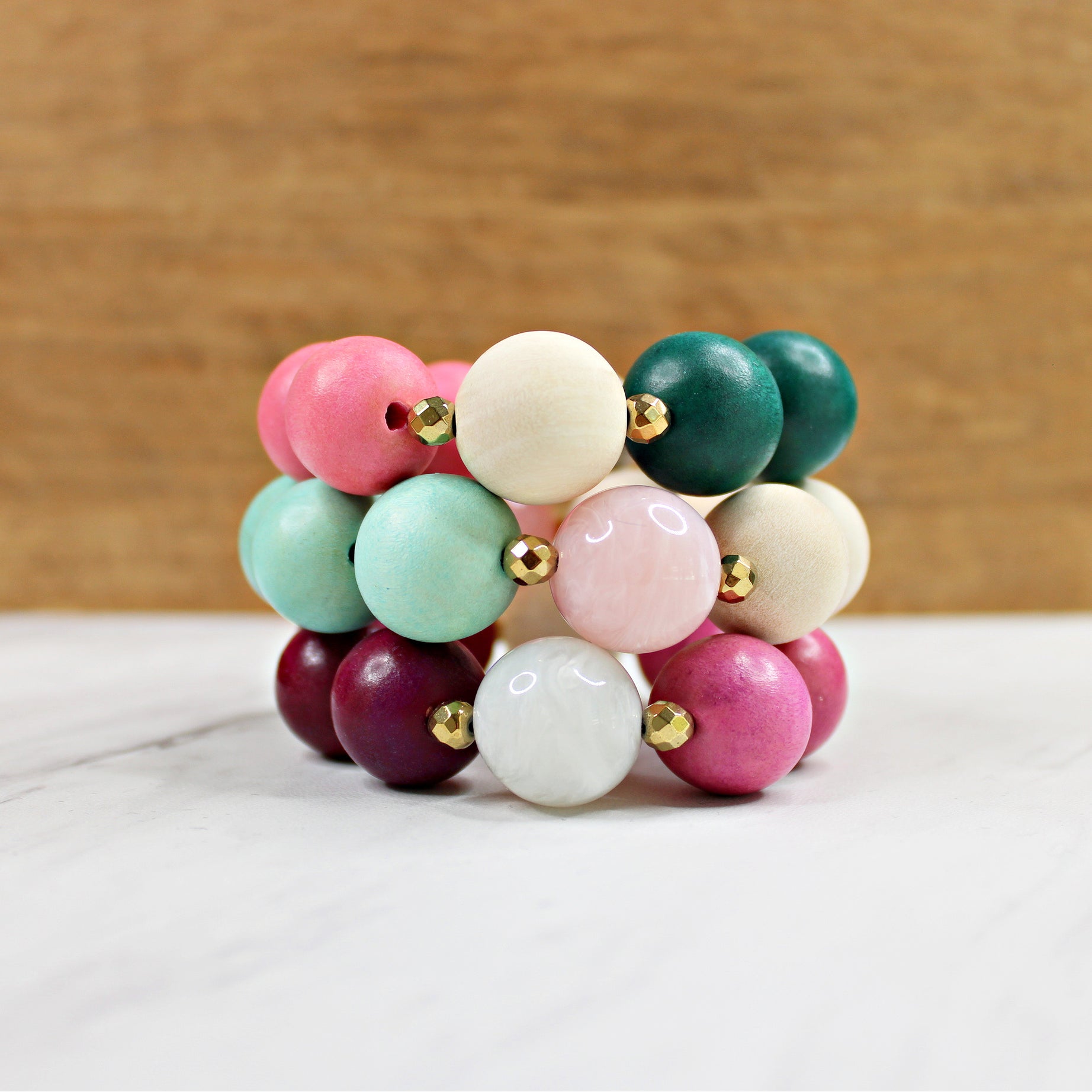 Jewel-Tone Wooden Bead Statement Stacking Bracelets for Women, Stretch