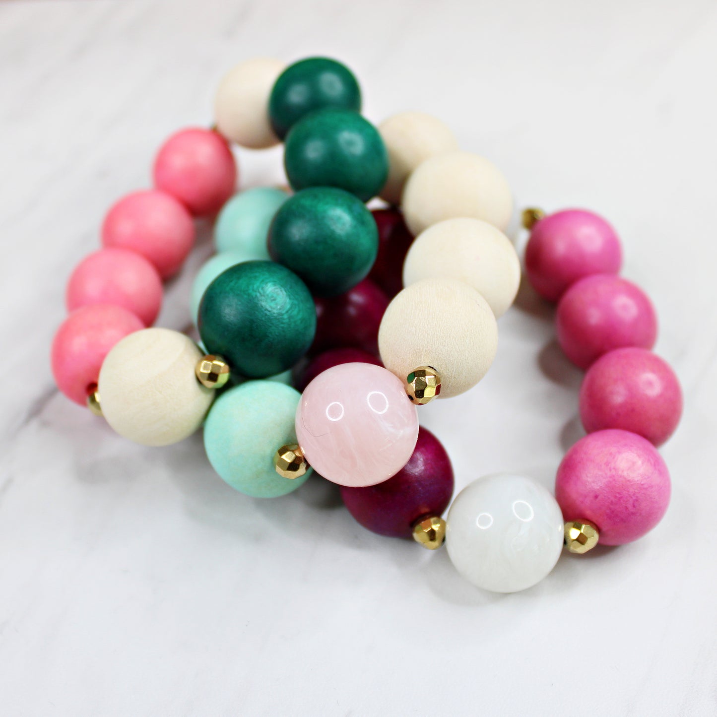 Jewel-Tone Wooden Bead Statement Stacking Bracelets for Women, Stretch