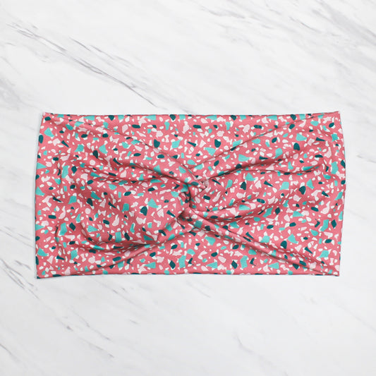 Wide Pink and Teal Terrazzo Print Headband for Women