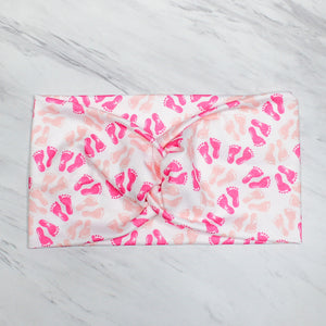Wide Pink and White Baby Footprint NICU Headband for Women
