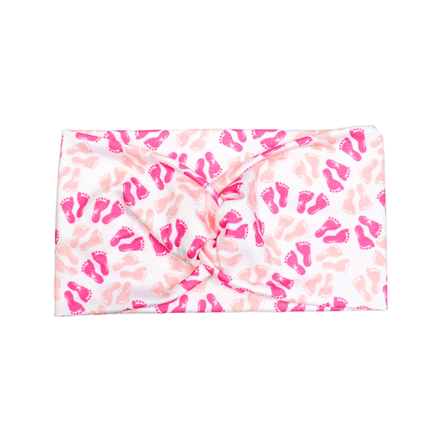 Wide Pink and White Baby Footprint NICU Headband for Women