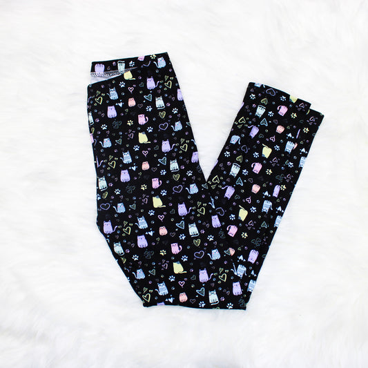 Kawaii Doodle Cat Print Leggings for Girls
