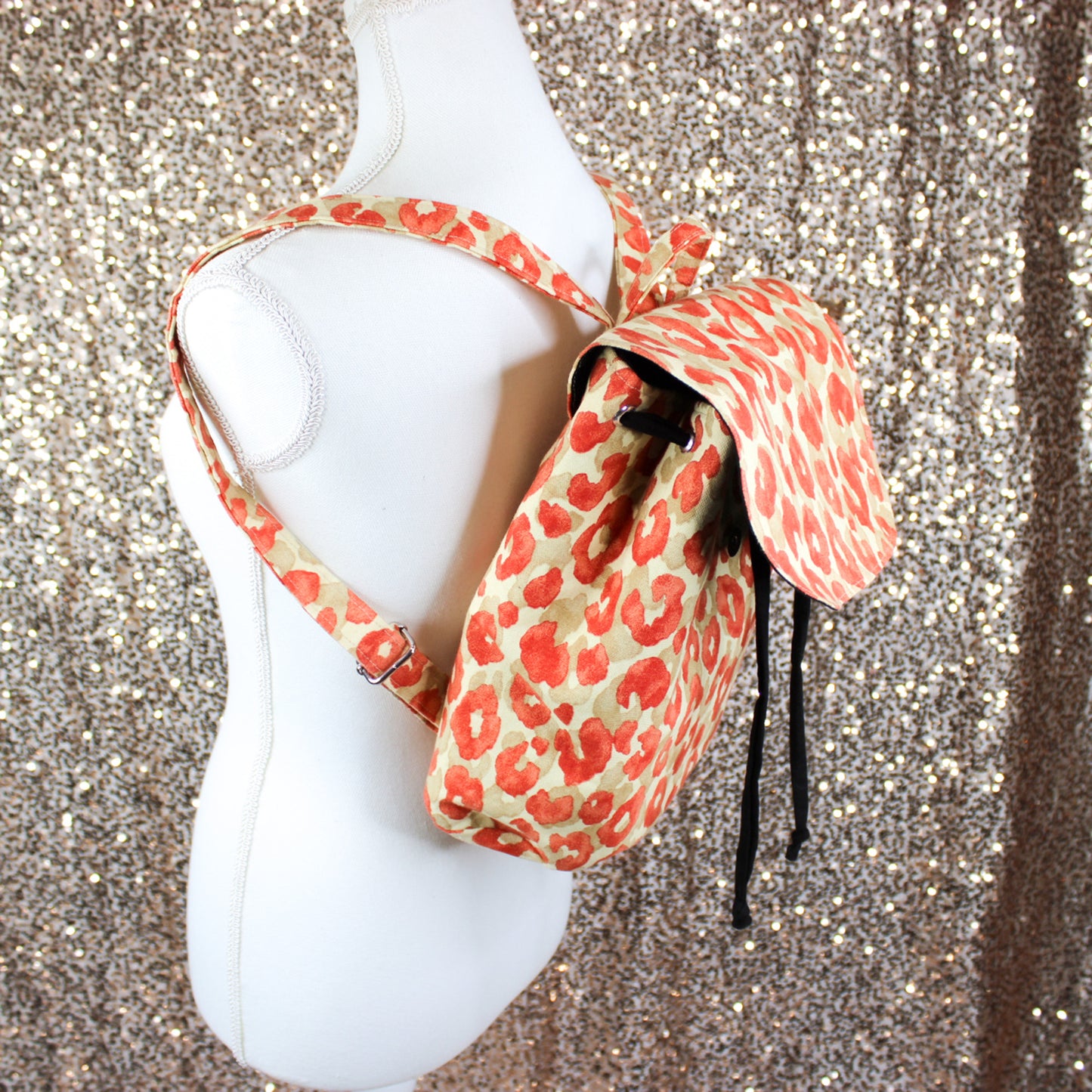 Leopard Print Canvas Backpack Purse, Red and Beige, Cinch Bag