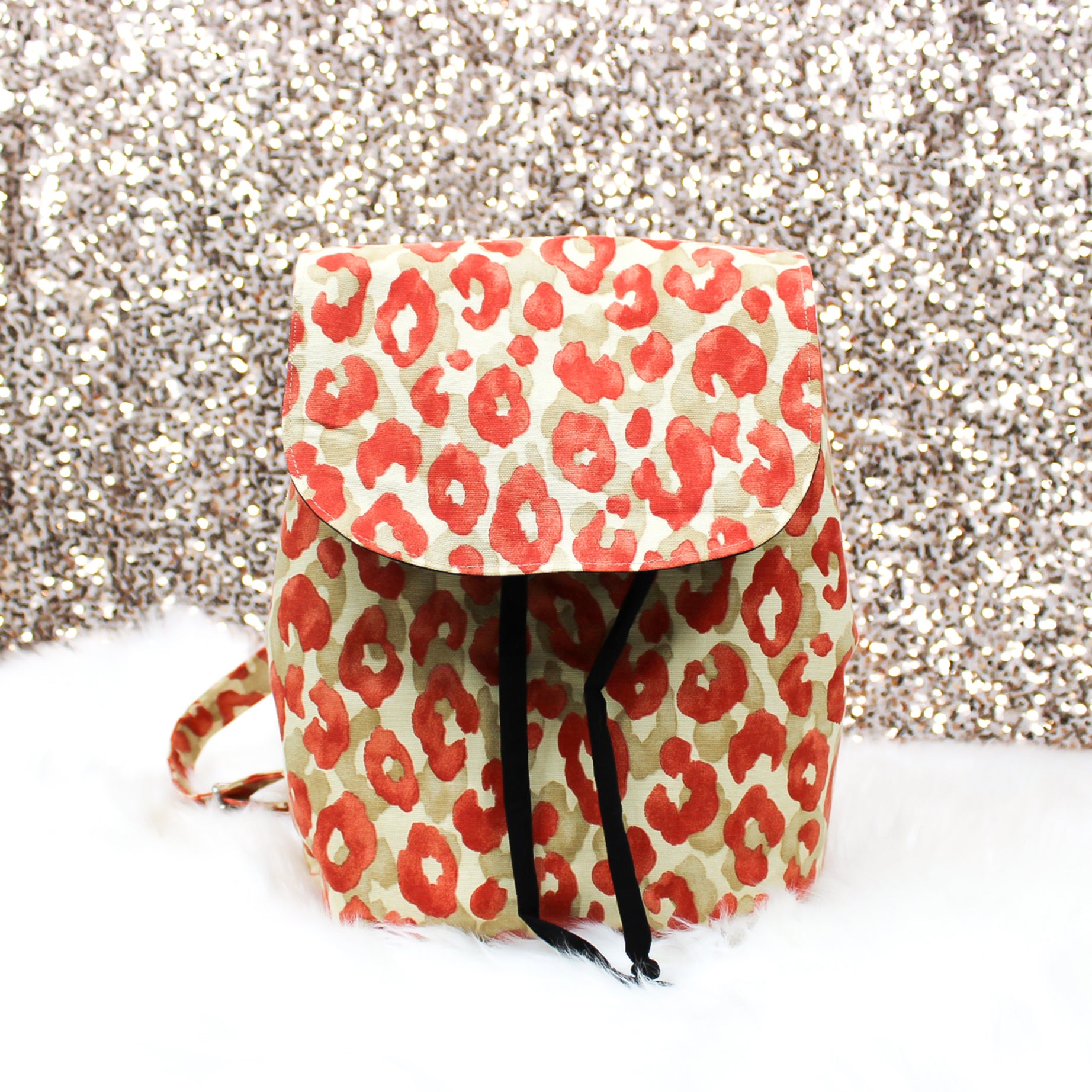Leopard Print Canvas Backpack Purse, Red and Beige, Cinch Bag
