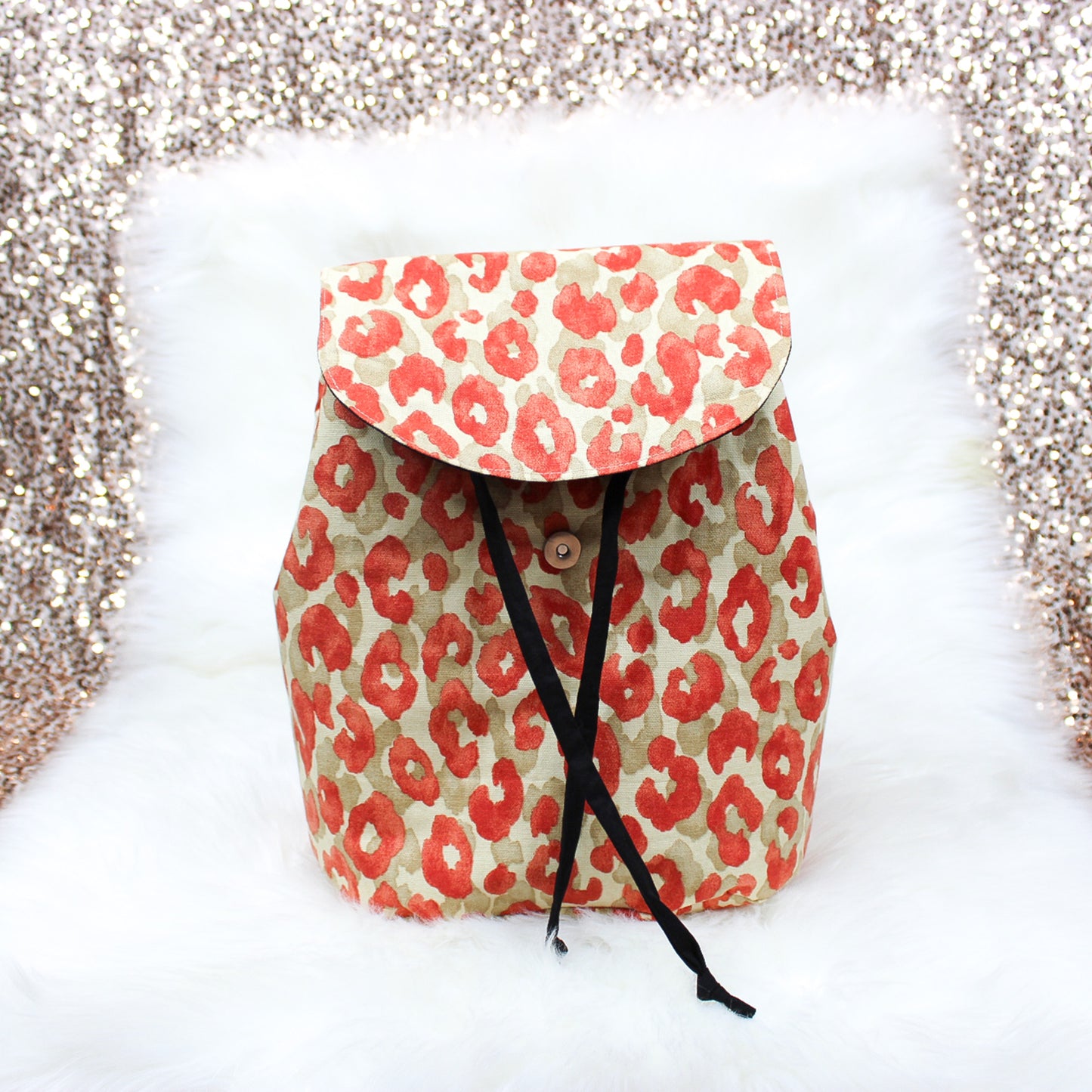 Leopard Print Canvas Backpack Purse, Red and Beige, Cinch Bag