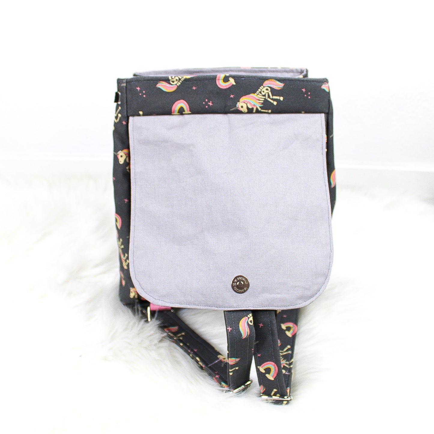 Spooky Skeleton Unicorn Backpack Purse, Handmade Gray Cinch Halloween Bag