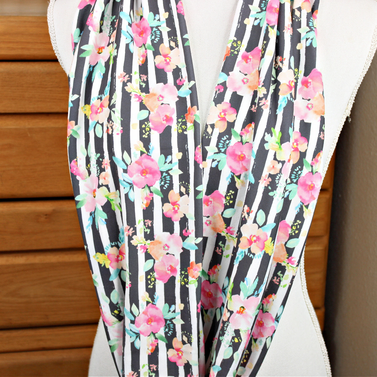 Gray Floral Stripe Infinity Scarf