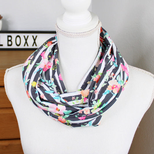 Gray Floral Stripe Infinity Scarf