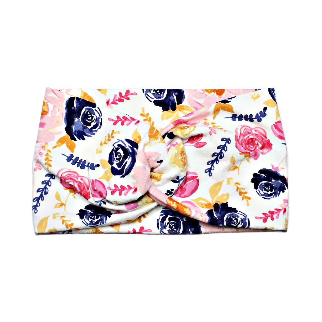 Pink and Navy-Blue Floral Headband, Cotton Spandex