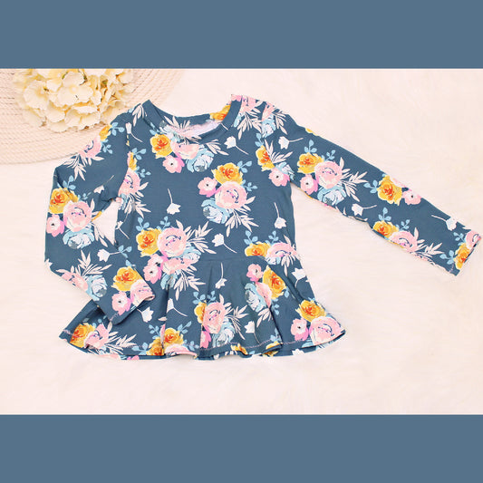 Vintage Teal Floral Ruffle Shirt for Girls, Long Sleeve
