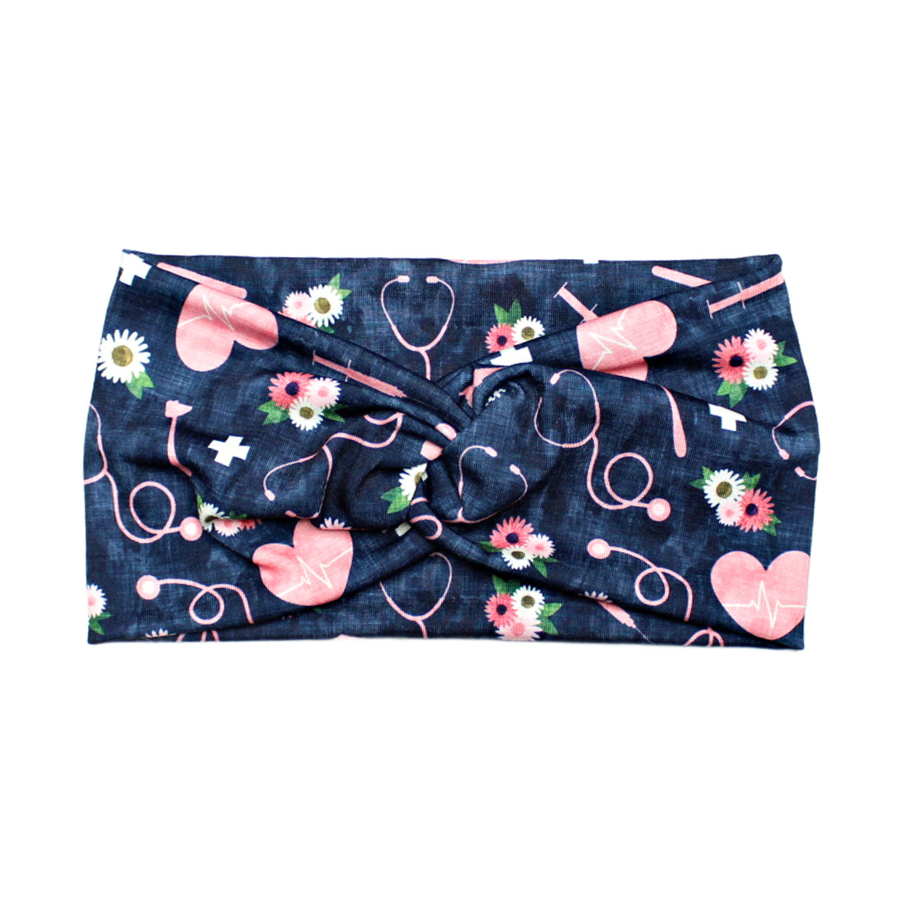 Wide Blue Floral Nurse Print Headband for Women