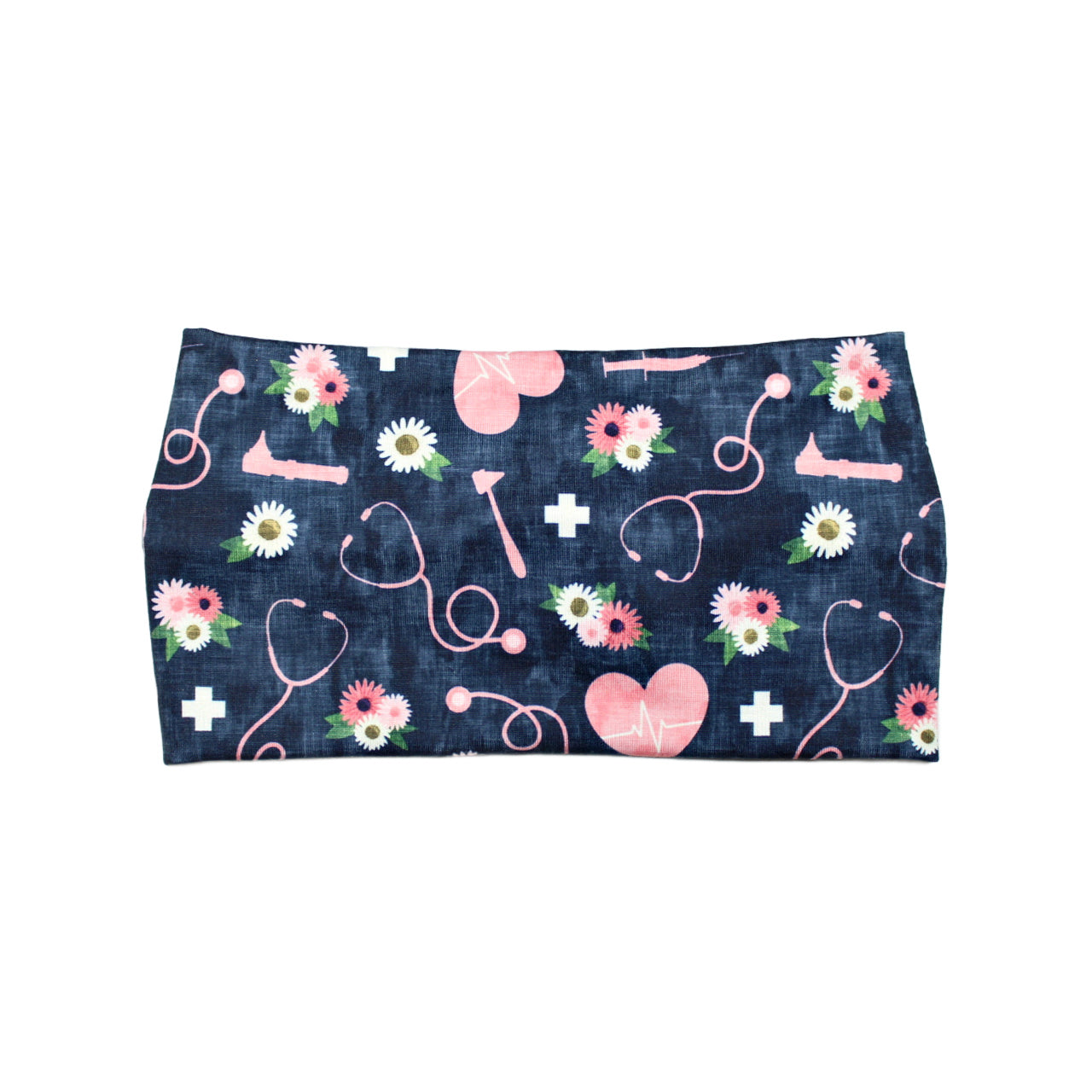 Wide Blue Floral Nurse Print Headband for Women