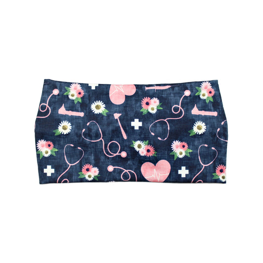 Wide Blue Floral Nurse Print Headband for Women