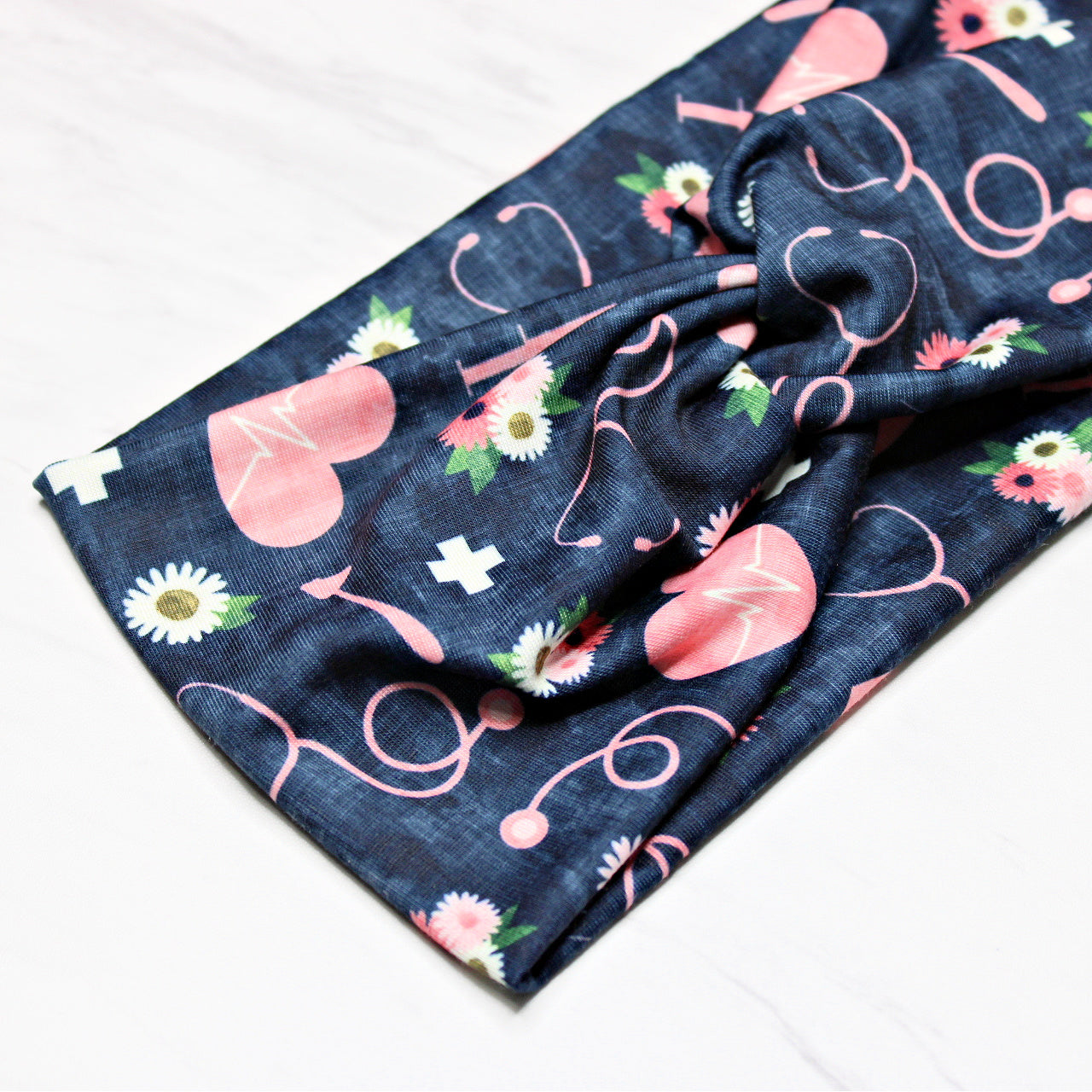 Wide Blue Floral Nurse Print Headband for Women