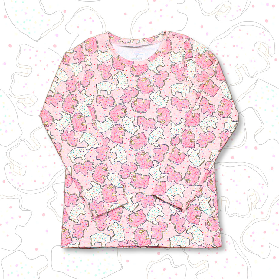Pink Animal Cookie Pajama Top for Girls, Long Sleeve