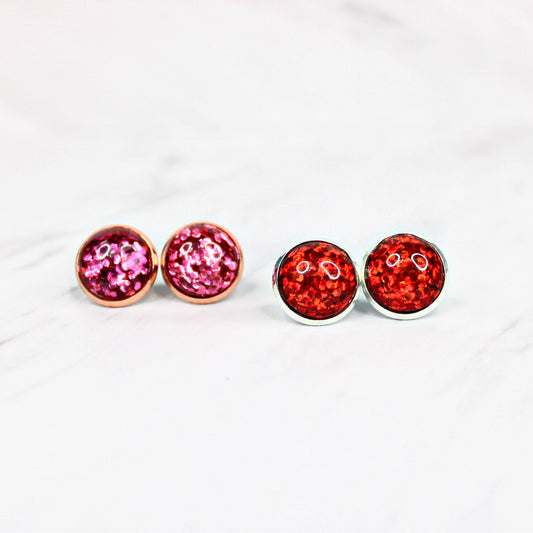 Pink or Red Glitter Holiday Stud Earrings