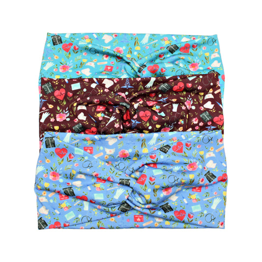 Wide Nurse Print Headbands for Women, Blue, Burgundy, Turquoise, Love to Care