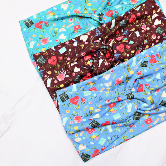Wide Nurse Print Headbands for Women, Blue, Burgundy, Turquoise, Love to Care