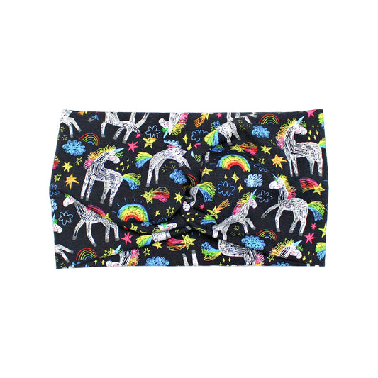 Wide Black Doodle Unicorn Headband, Cotton Spandex