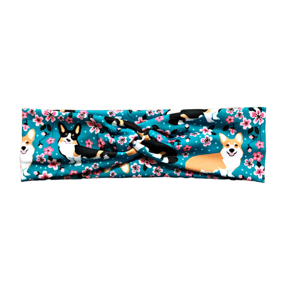 Cherry Blossom Corgi Dog Print Headband for Women