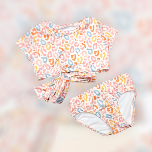 Girls Pastel Animal Print 2 Piece Swimsuit, Open Tie Back with Simple Bikini Bottoms