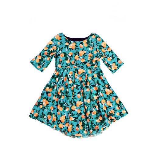 Teal Green Orange Fruit Twirly Dress for Girls, Size 6