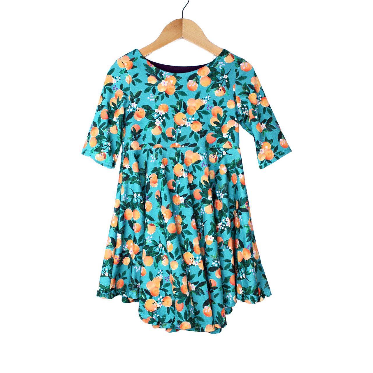 Teal Green Orange Fruit Twirly Dress for Girls, Size 6