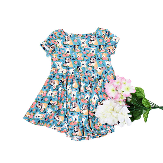 Pitbull Dog Print Twirly Dress for Girls, Blue