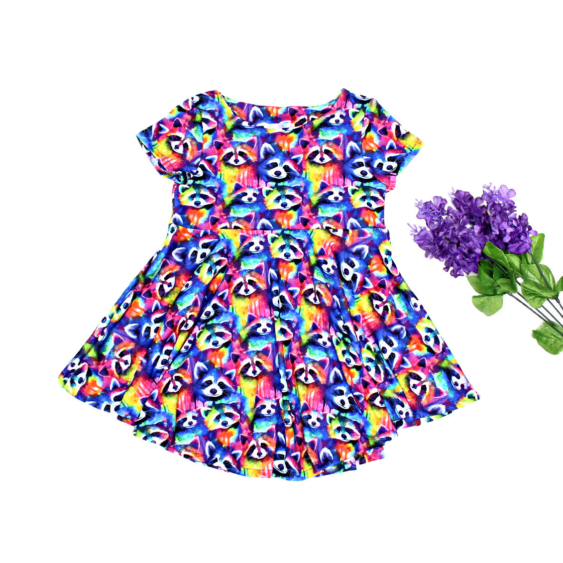 Rainbow Raccoon Allover Print Dress for Girls