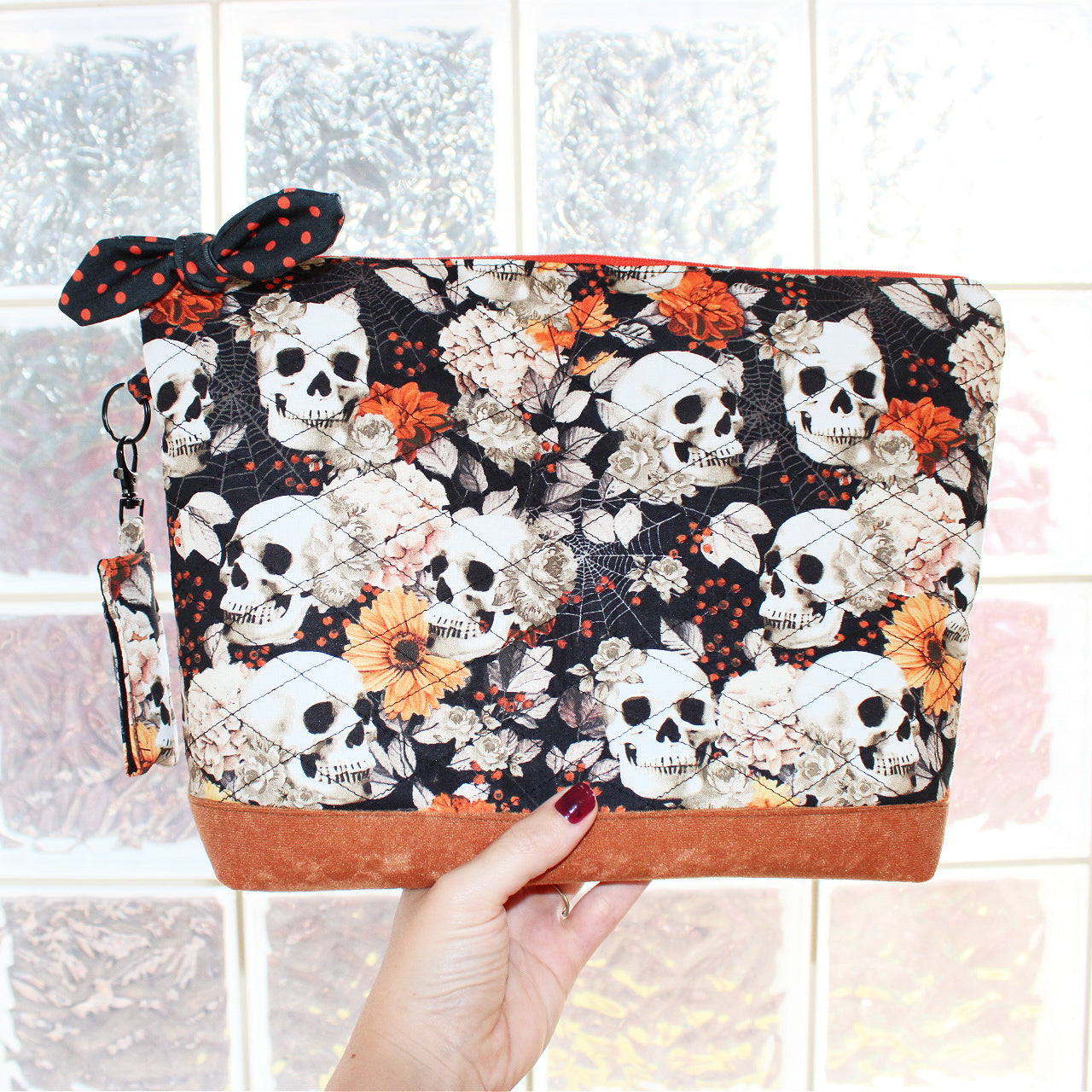 Fall Floral Skull Quilted Makeup Bag