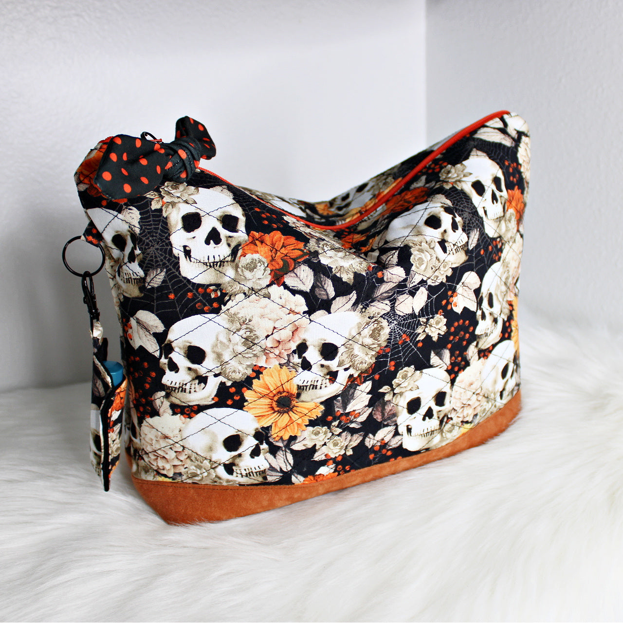 Fall Floral Skull Quilted Makeup Bag