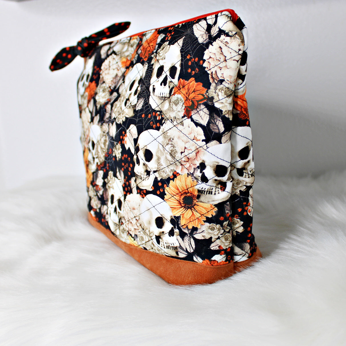 Fall Floral Skull Quilted Makeup Bag