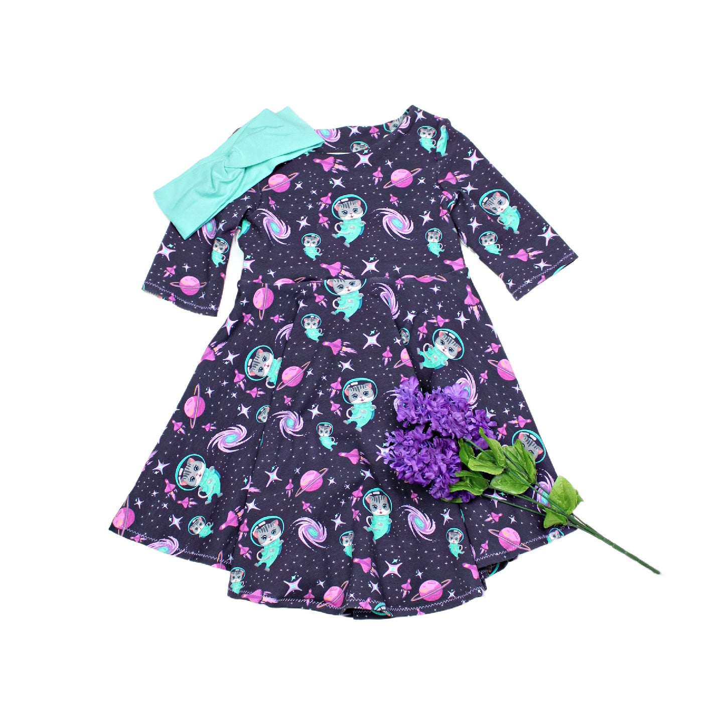 Cotton Space Cat Twirly Dress for Girls