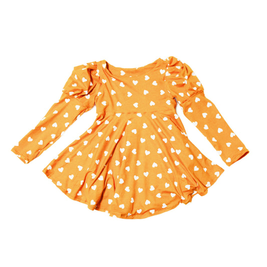 Mustard Fancy Puff Sleeve Heart Dress for Girls