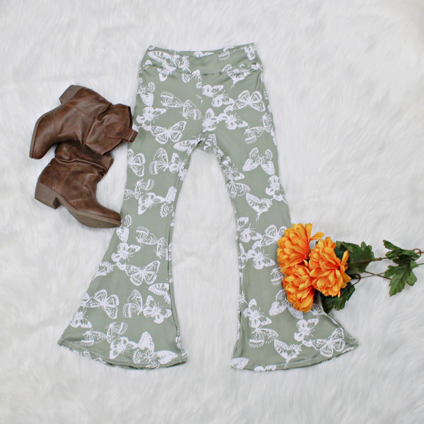 Green Butterfly Flare Pants for Girls, Ready to Ship