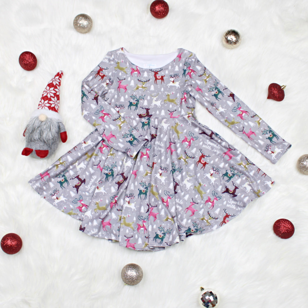 Gray Reindeer Christmas Dress for Girls, Ready to Ship