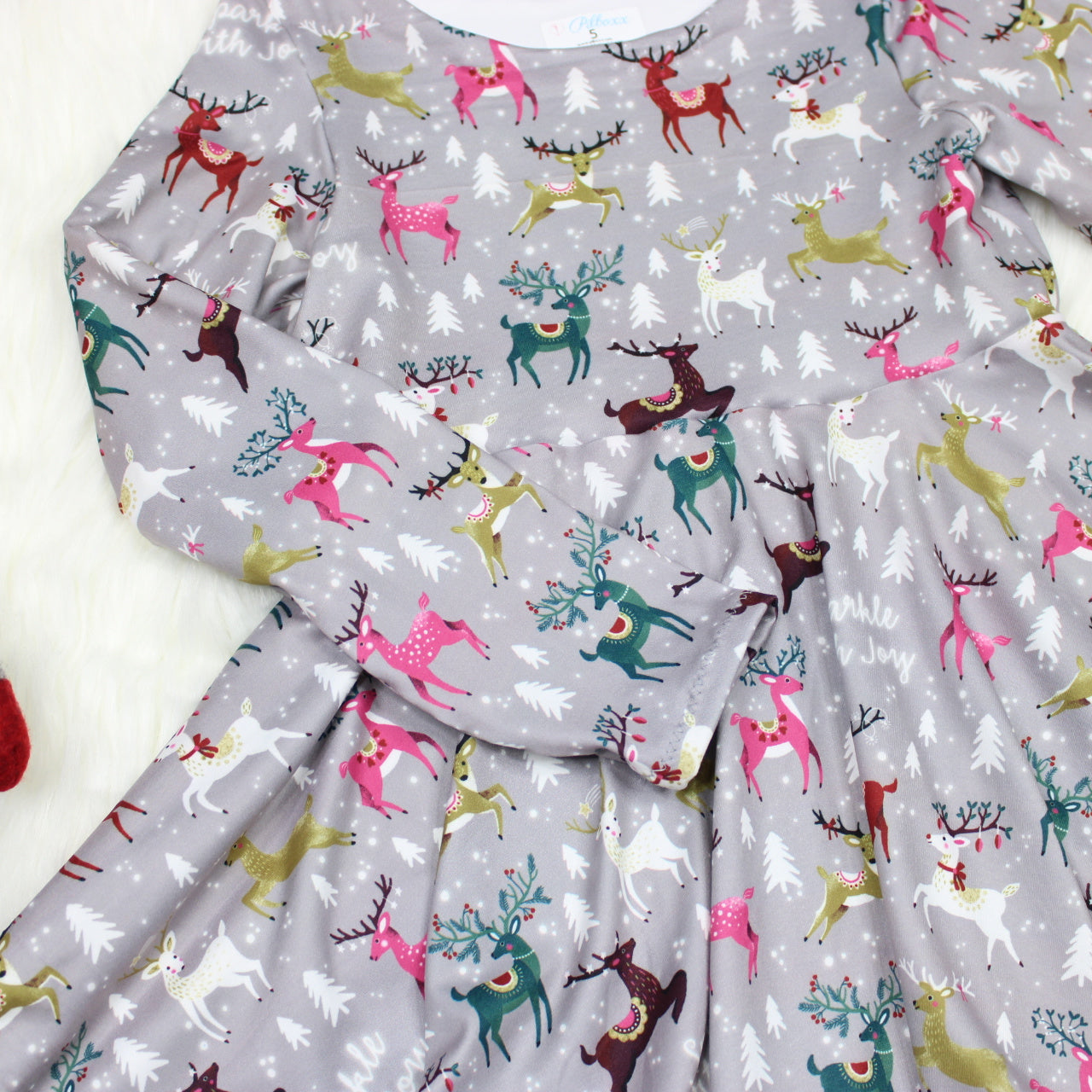 Gray Reindeer Christmas Dress for Girls, Ready to Ship