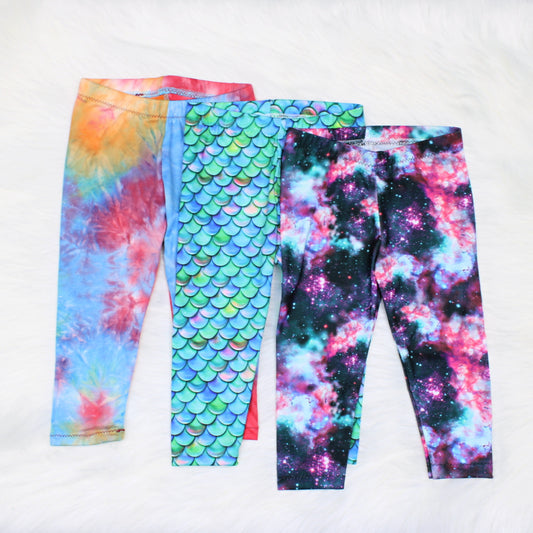 12m Baby Girl Leggings Set of 3, Mermaid Print, Galaxy and Retro Tie Dye