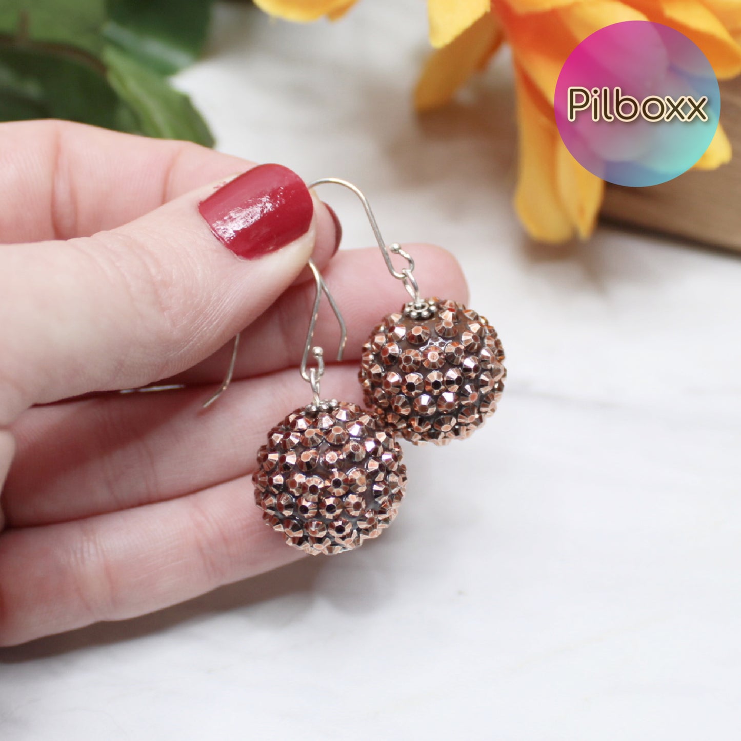 Light Brown Rhinestone Ball Drop Earrings, Sterling