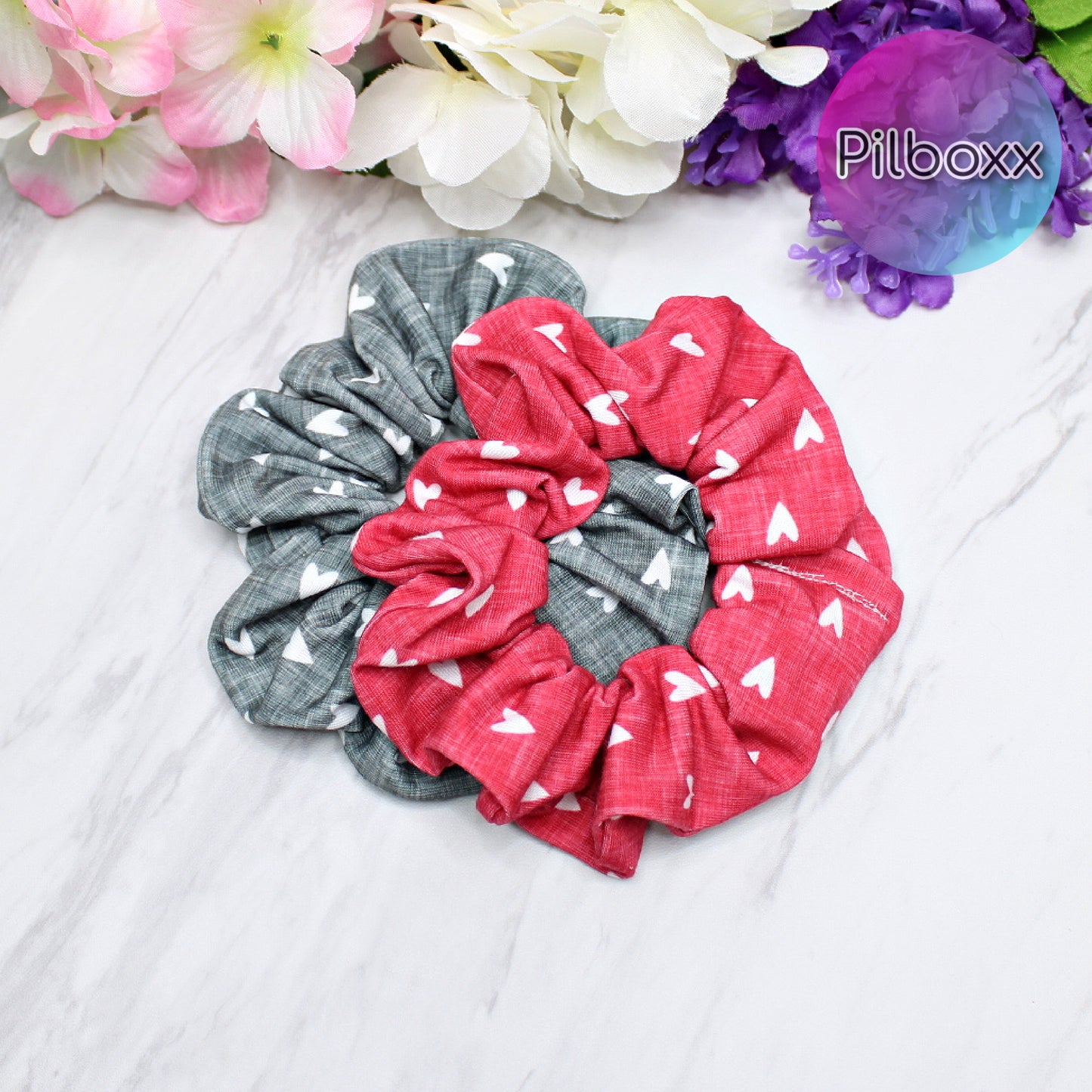 Red and Gray Valentine's Day Heart Scrunchie Set or Singles