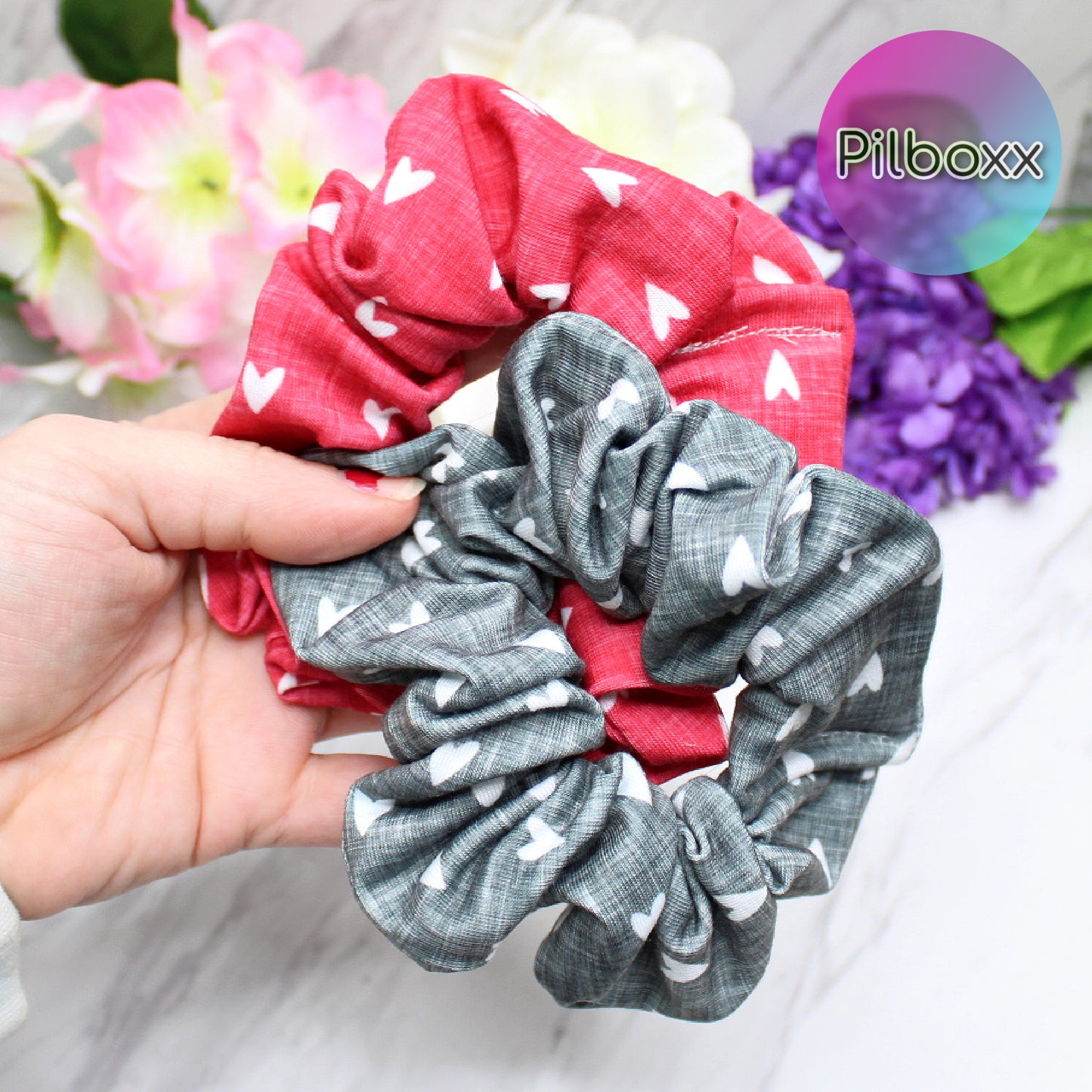 Red and Gray Valentine's Day Heart Scrunchie Set or Singles