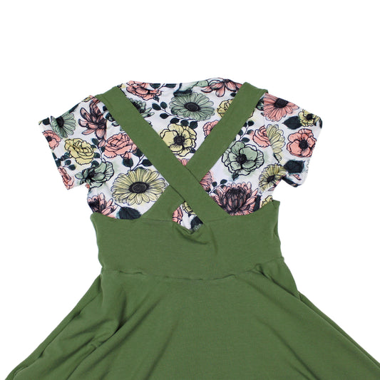 Boho Floral Tee & Olive Green Suspender Dress Set, TAT 1-2 weeks