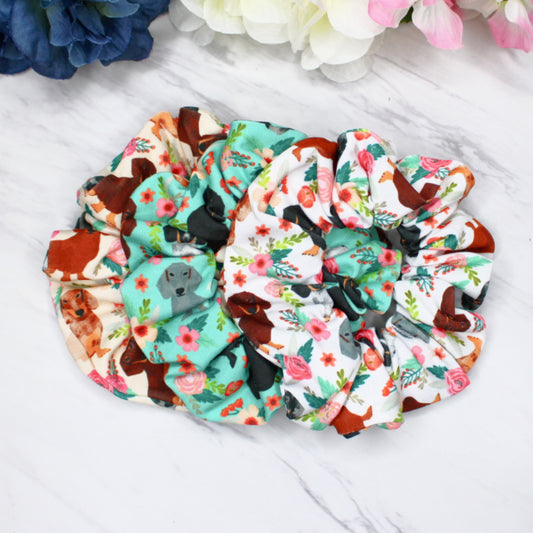 Floral Dachshund Scrunchies, Sets or Singles