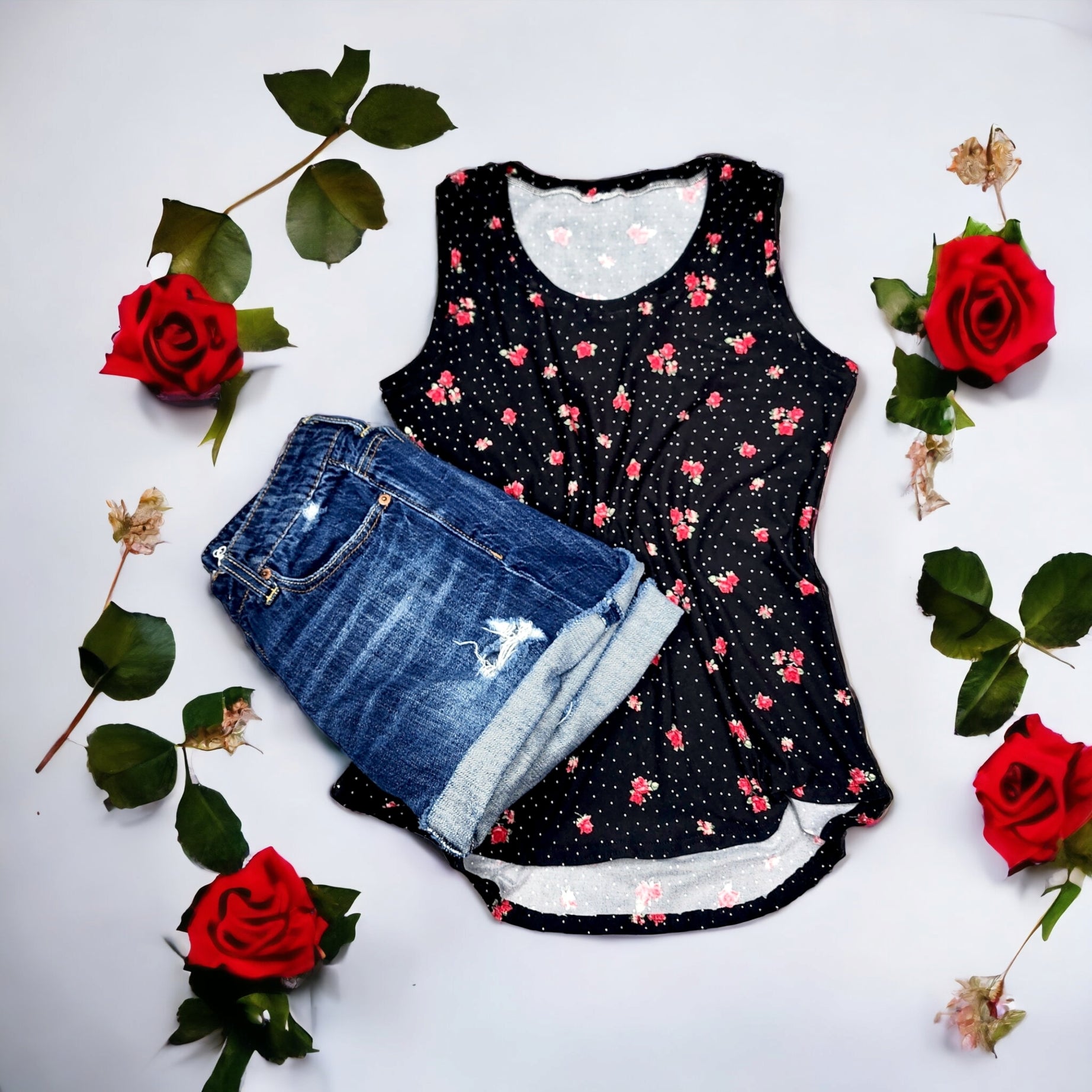 Vintage Pinup Style Summer Tank Top for Women, Roses and Polka Dots