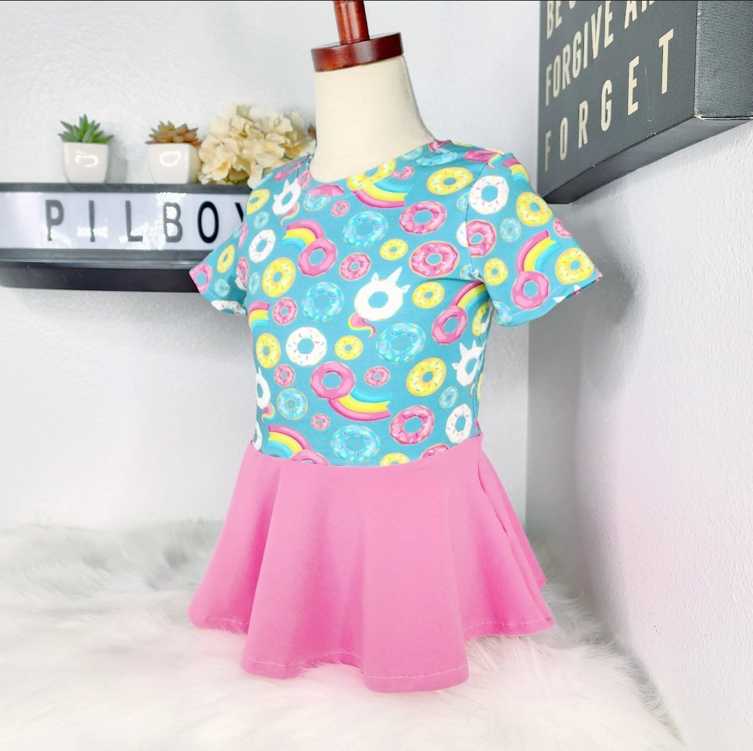 Rainbow Unicorn Donuts Peplum Handmade Cotton Shirt, Toddler Girls